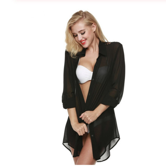 Tops - Sexy Black Chiffon sheer shirt with crochet lace